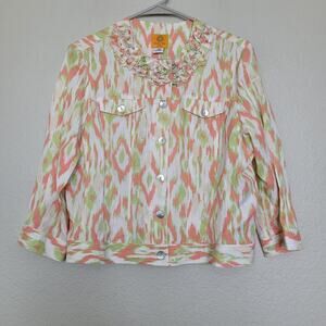 Ruby Rd. Women's Button-Up Top 14P White and Pink Linen Long Sleeves Ruffle Neck